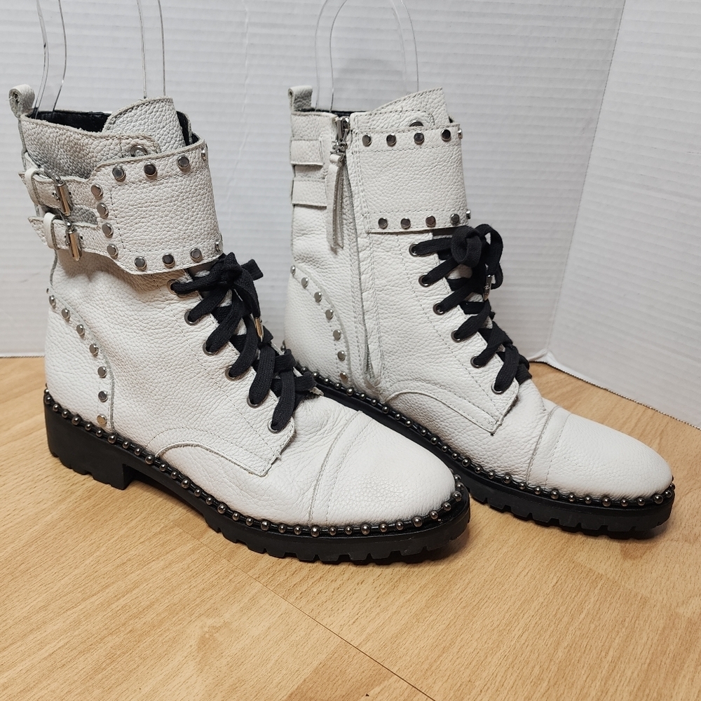 Sam Edelman Studded White Leather Jennifer Combat Boots womens‎ size 8.5 8.5M
